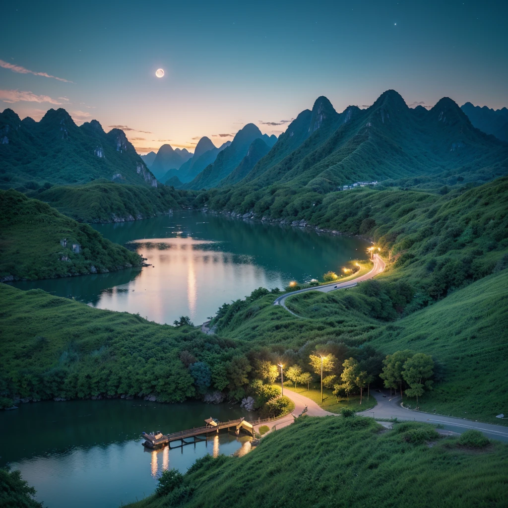 night scene with some house asian, vietnam, viet nam, ha giang, moon, lake in the foreground, calm night, green and blue, digital illustration, 4k highly detailed digital art, night scenery, anime art wallpaper 4k, anime art wallpaper 4 k, 4k detailed digital art, nighttime nature landscape, anime art wallpaper 8 k, background artwork, beautiful art uhd 4 k, 4 k hd illustrative wallpaper