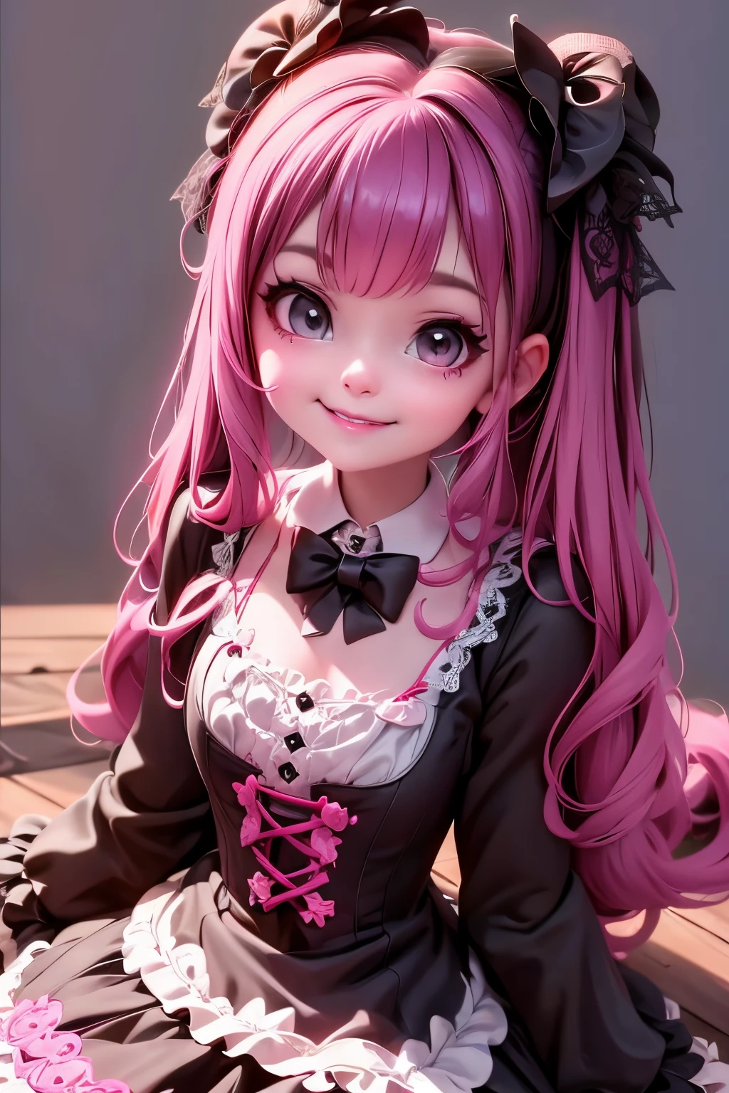 eine Nahaufnahme von einem (Dämonenmädchen) lächelnd in einem schwarzen Spitzenoutfit, Rüschen-Outfit, Witchcore-Kleidung, Fantasie-Outfit, Lolita-Stil, süßer clowncore, Märchenkern, Stil eines magischen Mädchens, Gothic-Mädchen, süßer, , 1 7 - year - old anime Gothic-Mädchen