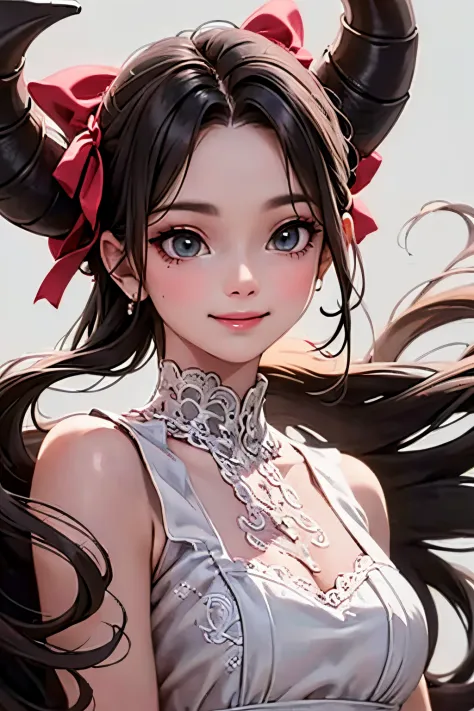a close up of a (horned demon girl) smiling, wearing a lace cloth dress, black hair, red smokey eyes makeup, (hair bow), dramati...