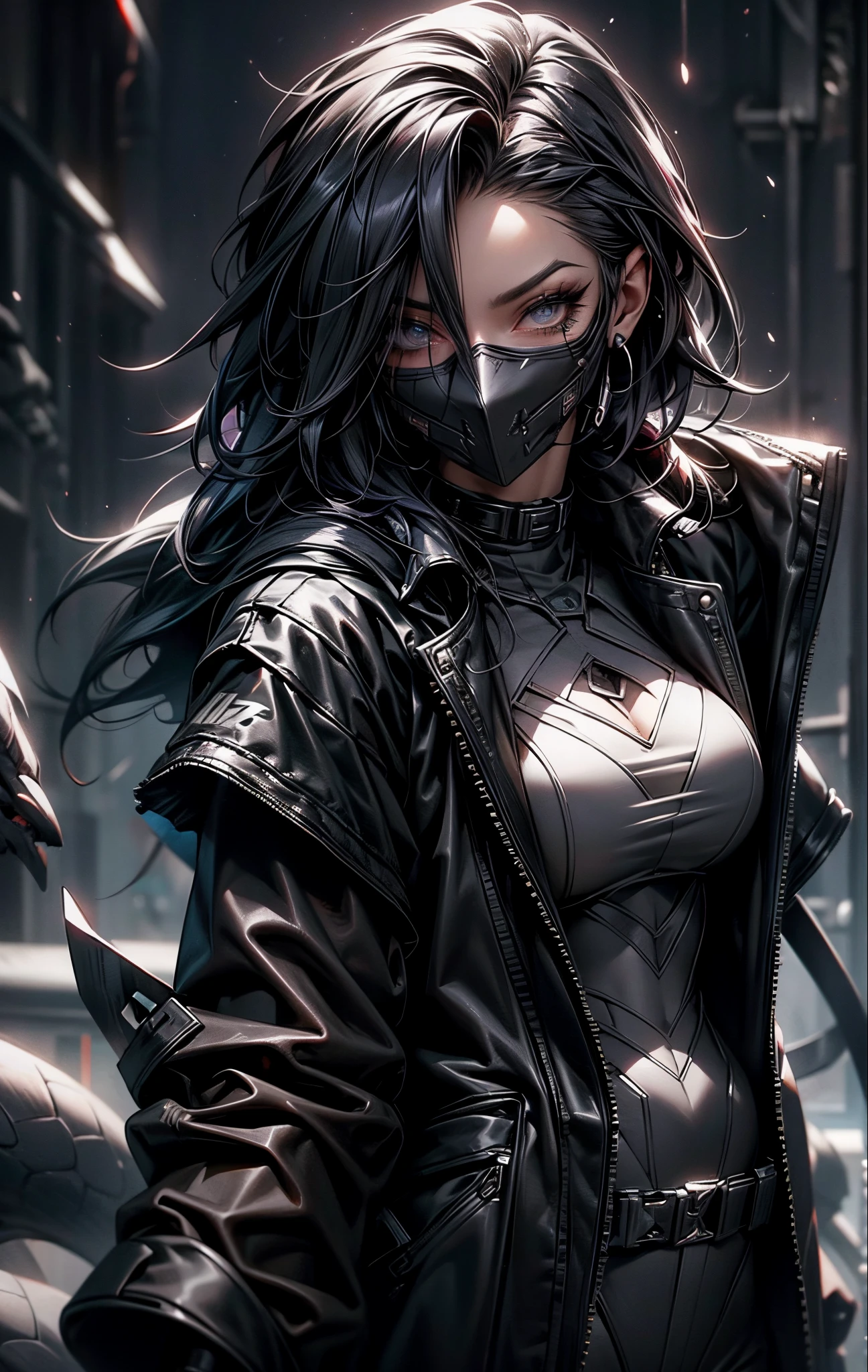 Brooke Monk in schwarzen Catsuits mit einer Maske im Gesicht, Tragen von Techwear und Rüstung, anime cuberpunk gothic art, Gothic-Ninja, Netzkleidung, Goth Rave Cyberpunk Spinnennetz Kleidung