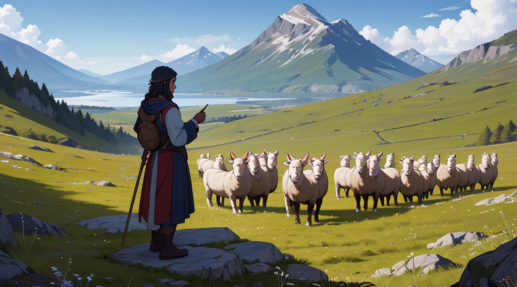 a first-century sheepherder standing on a mountain, ultra quality, Ultra Definition, scenic view, High quality art and details, Realistic portrait style, subtle color palette, vibrant background, natural textures, deep-shadows, subtle highlights, historical accuracy, meticulous attention to detail, Emotional depth and intensity, authentic representation, thought-provoking, spiritual atmosphere, A Sense of Ancient Wisdom, Deep Impact