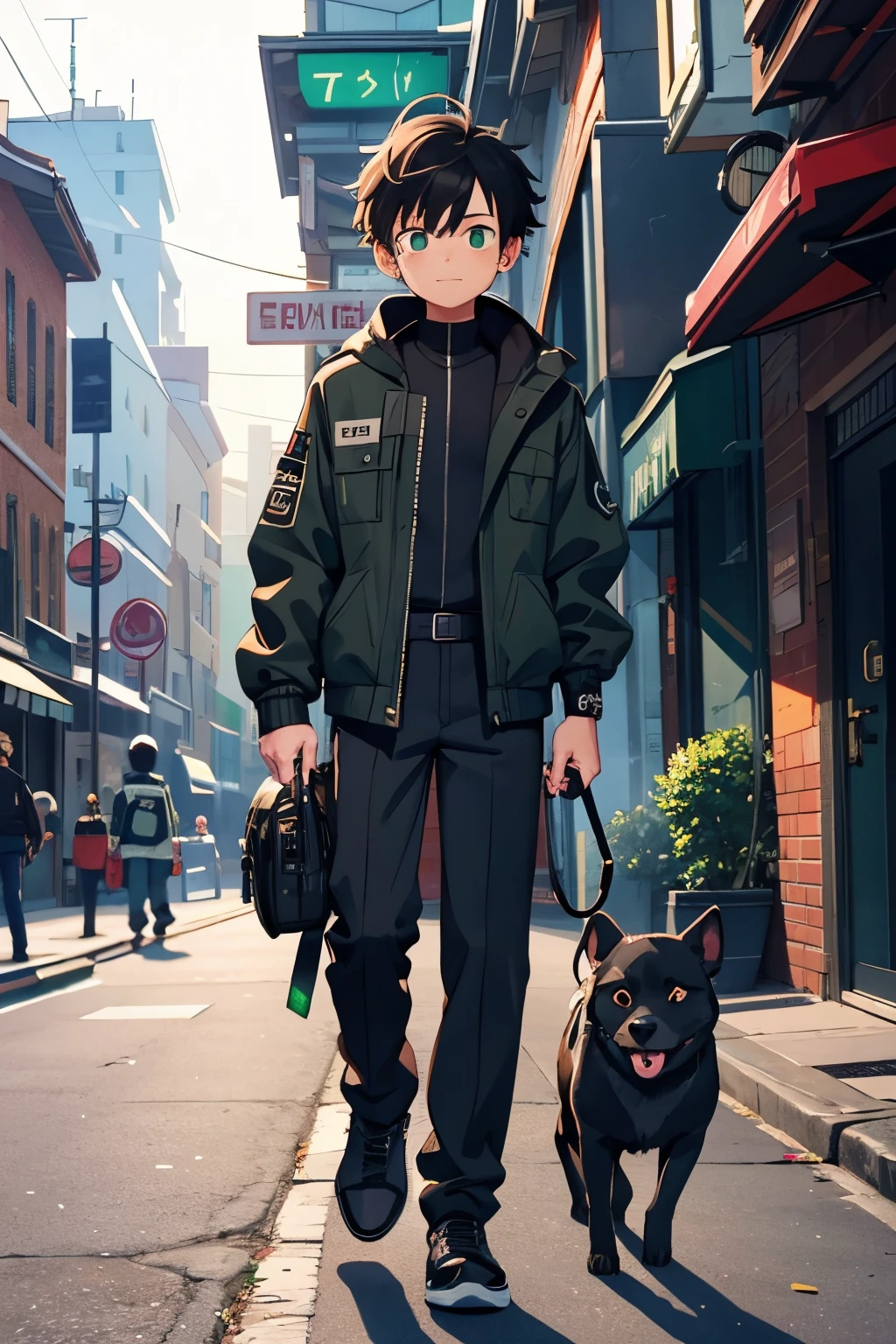 1 boy, 15 years old, normal physical constitution; bounty hunter, wears a long jacket, wears a one-piece suit, black and brown; His facial expressions are happy, green eye colors, white complexion and black hair color; He has a tattoo on his neck. Walking with his black and white dog. Modern city.