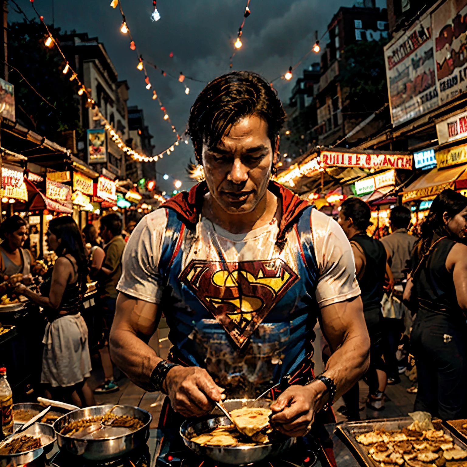 caricatura de superman cocinando roti canai en el mercado nocturno mientras suda, ambiente del mercado nocturno, una imagen llena de claridad real, comic form, estilo cómico, colores alegres