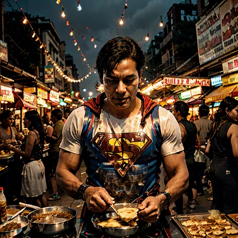 caricature of superman cooking roti canai at the night market while sweating, atmosphere of the night market, a picture full of ...