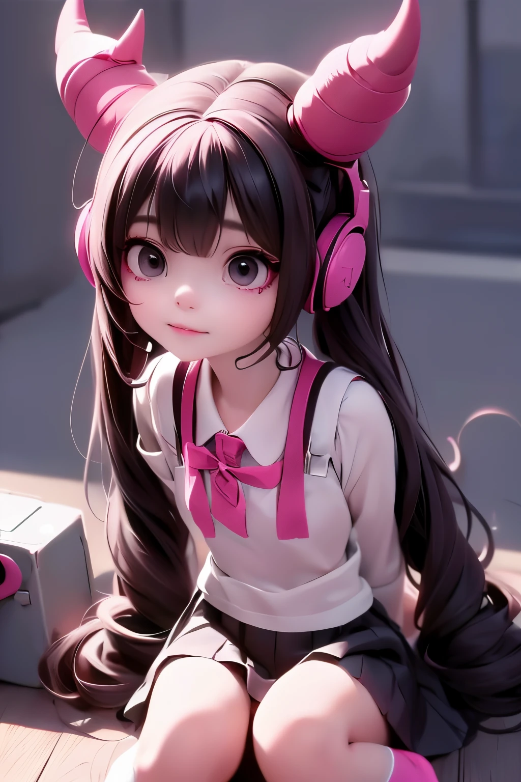 A (gehörnt) demon girl with heAdphones And A bAckpAck sitting on the ground, Anime goth gehörnt demon girl, weAring skirt And crop lAce shirt, Drossel, weAring heAdphones, ulzzAng, sfw