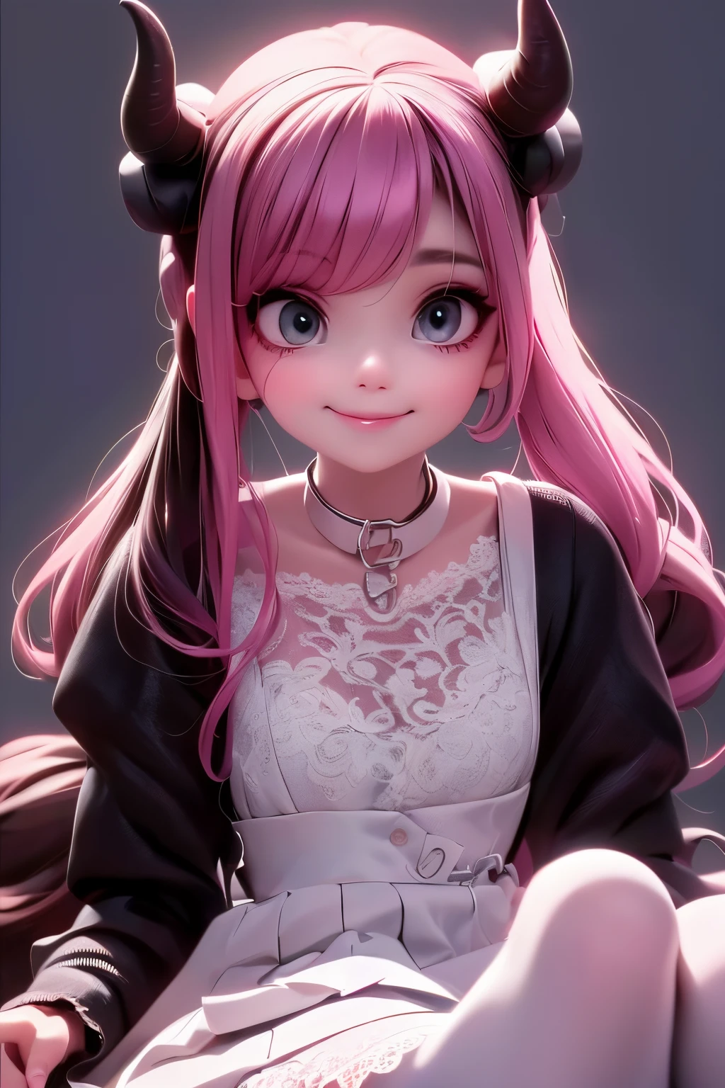 a close up of a demon girl smiling in a lace skirt and a lace shirt, smokey eyes makeup, white tights, she is wearing lace streetwear, collar, choke, pumps, fashionable rpg clothing,
