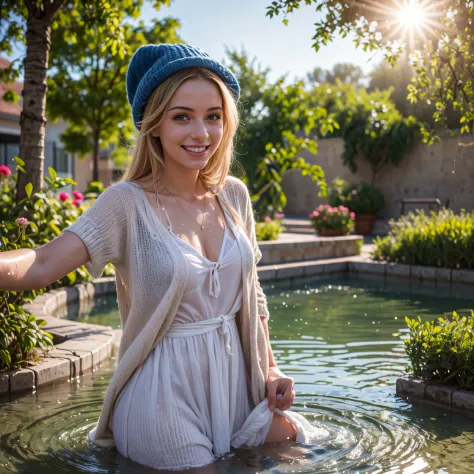(masterpiece, 8k, best quality:1.2), in the fountain, solo, outdoor, 1girl, 27 yo european, pale skin, smile, looking at viewer,...