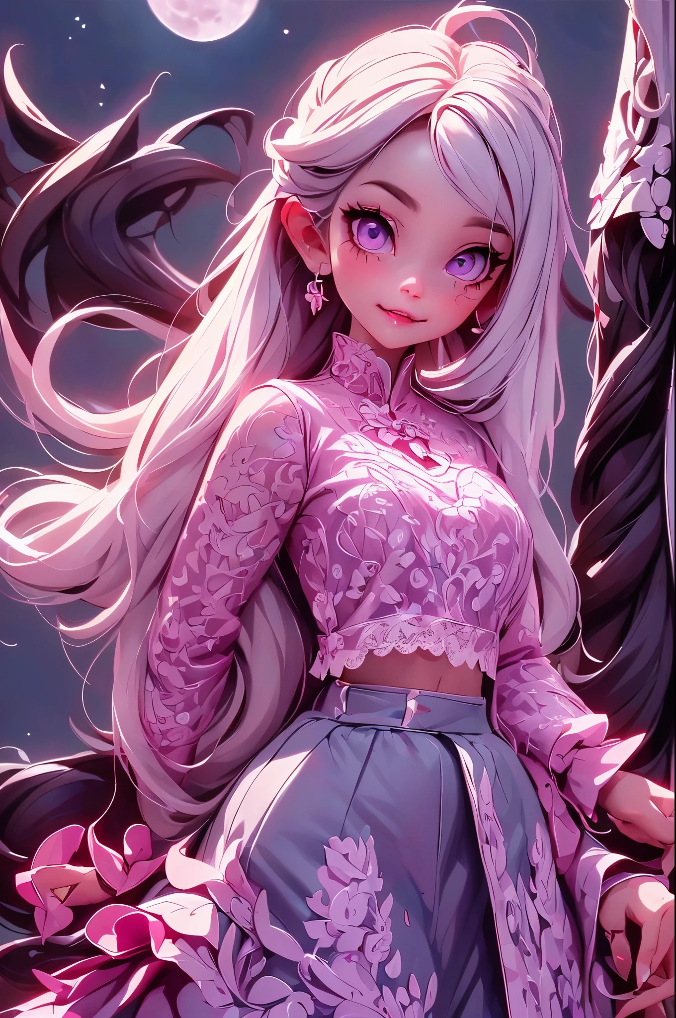 a vampire girl, (showing fang), white hair, purple eyes, glowing eyes, lace crop top, skirt, parted lips, blush, night, flowers, moon