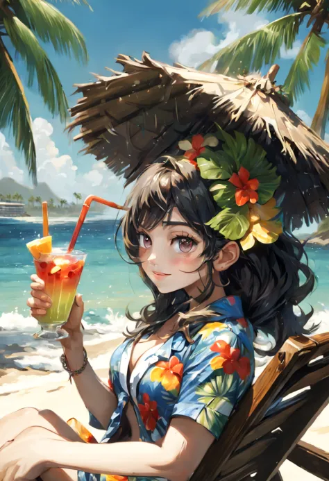 Oil painting, heavy brush strokes, paint splashes, a cute snowman relaxing on the beach chair, drinking a refreshing cocktail, h...