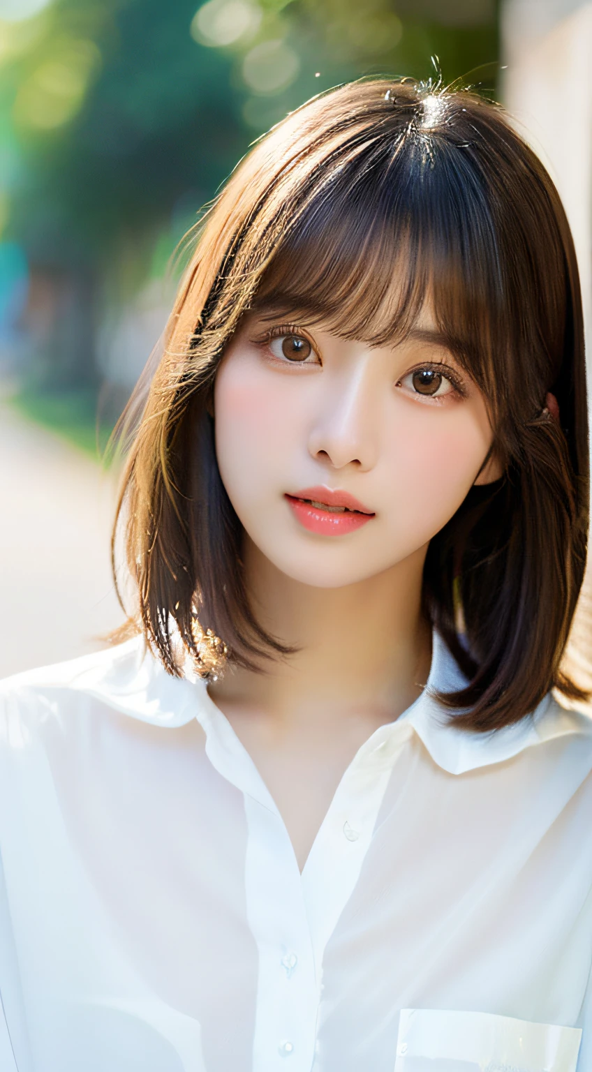 ((Beautiful and shiny、Neat straight bob hair))、En plein air, solo,top-quality、hyper HD、By bangs　(Beautiful fece:1.3) ((kawaii:1.3))、((Sixteen years old)) White shirt　Decolletage　Natural color lips　(Lori)  Sense of cleanliness　Pure　half-open lips　((kawaii)) ((frontage))