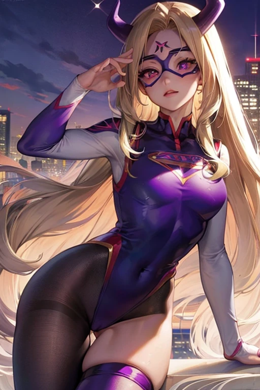 masterpiece, best quality, super detail, textured skin, looking at viewer, mtladymha, boku no hero academia, long hair, blonde hair, {purple eyes, (eye mask), purple leotard, highleg leotard}, bodysuit, (purple horn), city