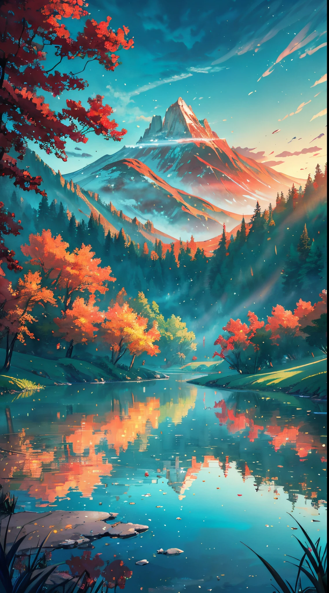 (best quality,4k,highres,ultra-detailed,photo-realistic:1.2),a beautiful landscape portraying the 5 elements,[blue water,red fire,green grass,ice white,light green grass],varying shades of these colors bring life and harmony to the scene,impressive lighting that accentuates the elements,physical materials combined with digitally enhanced effects,realistic portrayal of water ripples and reflections detail,crackling flames and dancing fire in vivid red hues,intricate details of blades of grass with varying heights and shades,translucent ice structures with sharp edges and pristine white appearance,a serene atmosphere with a crystal-clear lake surrounded by lush green grass,gentle breeze causing the grass to sway,sunlight casting its golden glow upon the landscape,creating a magical atmosphere that reflects the harmony of the elements.