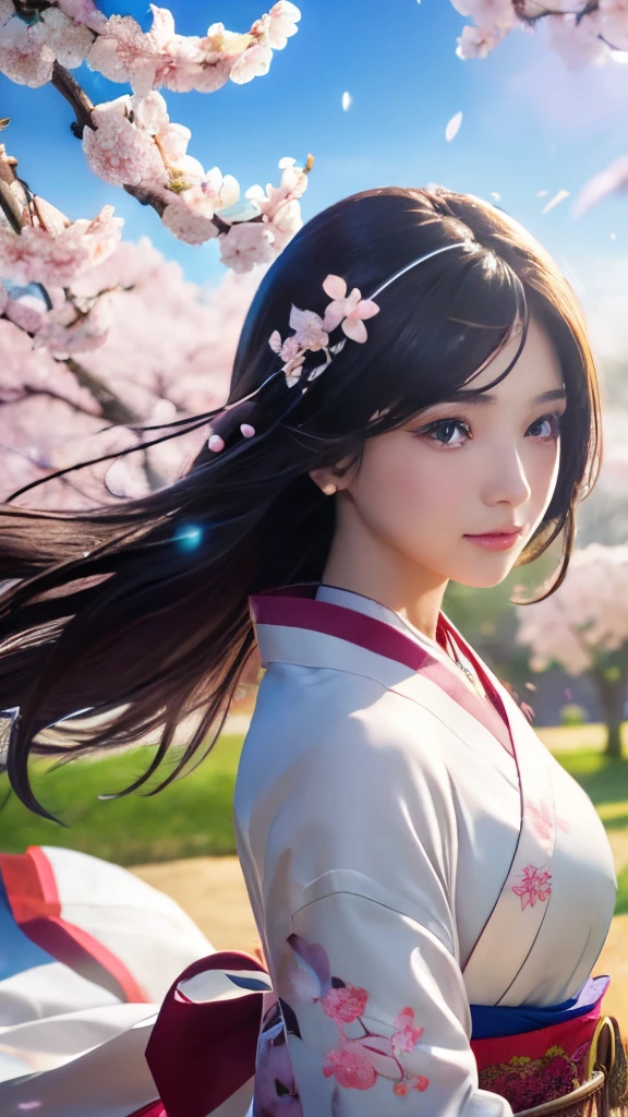 (A logo、​masterpiece、8K、masutepiece、Raw photo、Fantastic、Best Quality、Photorealistic、extremely detailed CG unified 8k wallpaper、hightquality、ighly detailed、epic poem、Particle effect、Dynamic effects、depth of fields、Cinematic Light、Lens Flare、Ray tracing)、Fantasia、 (Beauty 1 person、White Japanese Clothing、Japanese dress、White cherry blossom pattern、White cherry blossom embroidery pattern、A dark-haired、Beautiful face、Real Face、Beautiful detail eyes、Beautiful skin)、Hair flutters in the wind、Hair jumps、Pink cherry blossom tree、Petals flutter、Sakura blizzard、Superb view、morning glow、Sun in the background、the wind、Deities、tusk、myth、Vast Land、