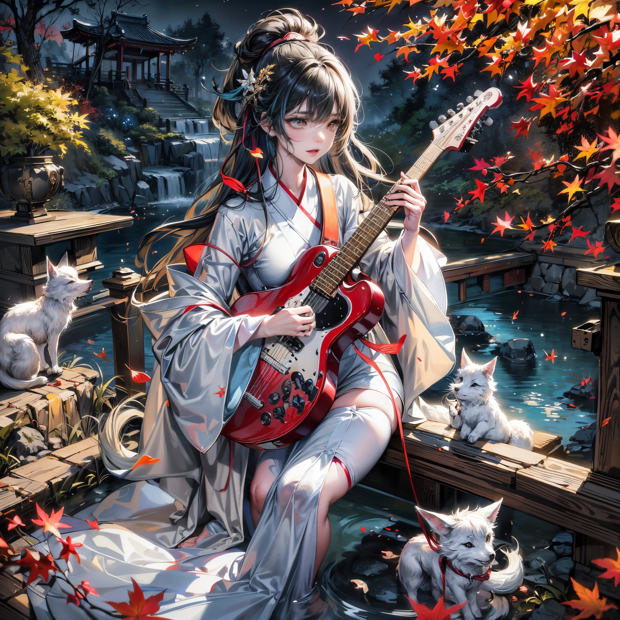 Cinematic lighting,super detailed skin、Beautiful detailed eyes、Best Quality,Perfect Anatomy,(Alternative、dim colors, Soothing tones:1.3),(Detailed beautiful facial features:1.3)A girl wearing a flashy white kimono、 （Girl Playing Guitar、Highly detailed hands:1.6）The grounds overlooking the Kiyomizu-dera waterfall in autumn、（Highly detailed feet:1.3）Autumn foliage season、🍁（deep in the night、moon shining、beautiful night:1.5）White fox、fullllbody