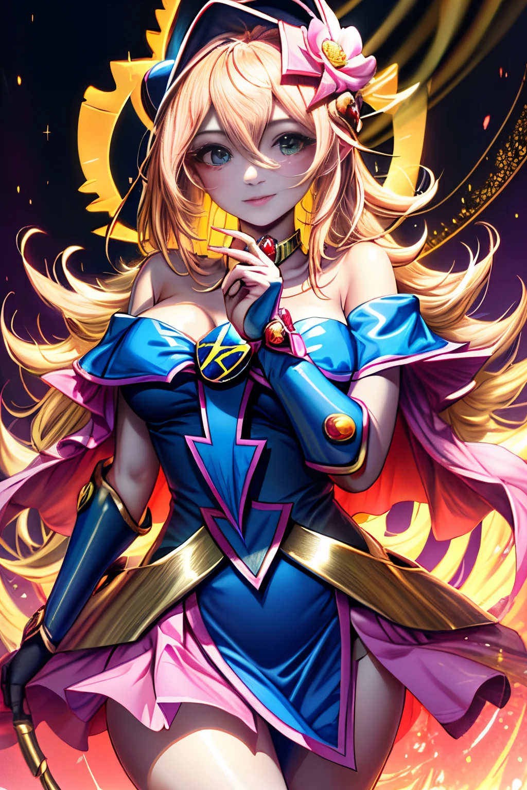 (tmasterpiece, Best Quality; 1.3), Extremely detailed CG, Ultra - detailed, 1 girl Black magician girl, only, smile, Looking at Viewert, elegant dogs, long golden hair, eBlue eyes,
SV1, Dark Magician Girl Uniform,  gloves on the elbow, hull, The sailors lead Rubio, red ribbons, orange necklace, white gloves, jewely, of the above,
multiple hearts, Face focus, Venus, tornado, Abstract backgrounds, heart storm, Hart&#39;s Lightning, heart bubbles, Heart balls, Halt Star, heart flower, heart light, The world of the heart, heartbackground, Galaxy Background, Heart weapons, The halo of the heart, magic. Black magician girl is hot