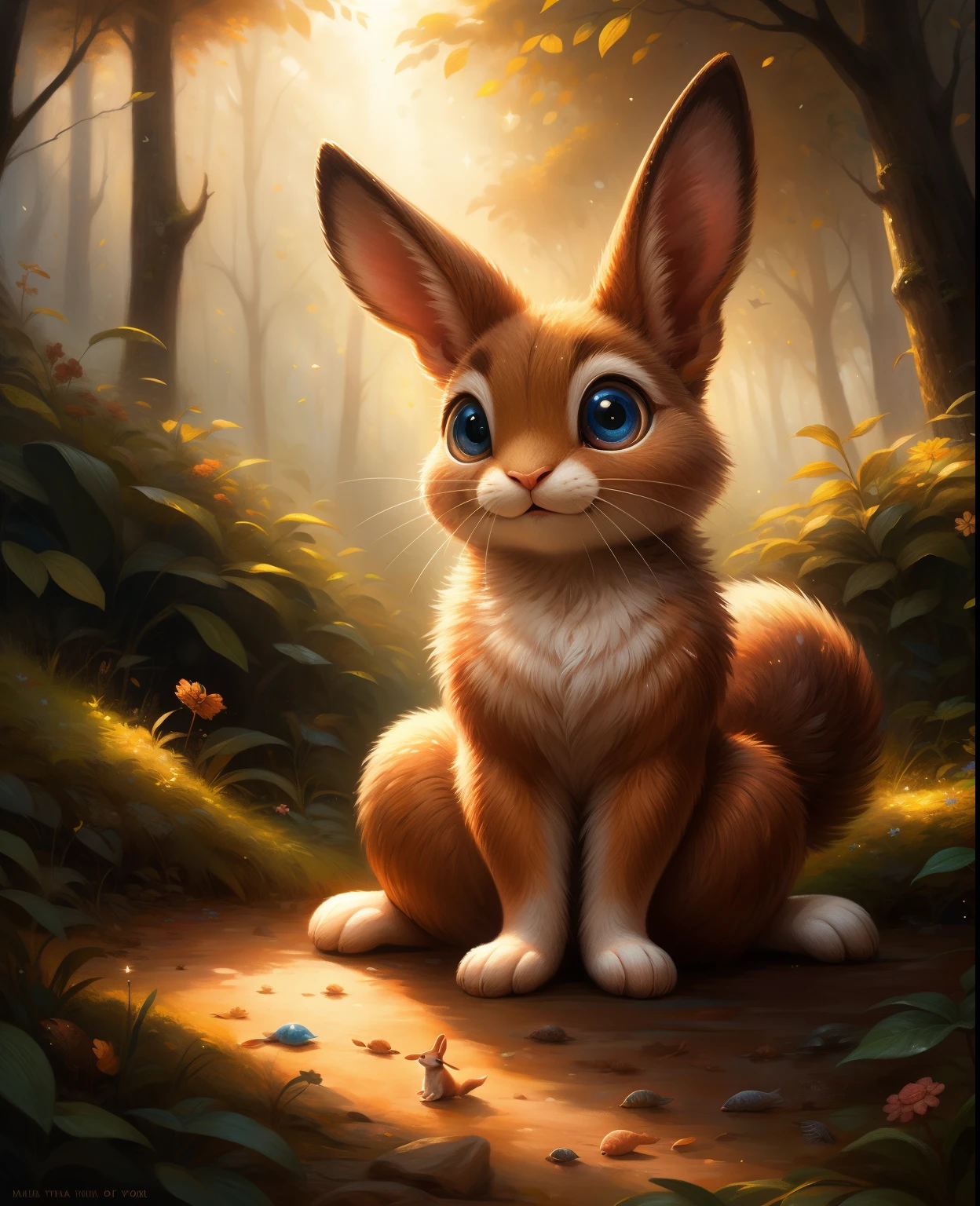 An enchanting forest filled with a variety of small creatures, each exhibiting wide, expressive eyes that capture our attention. This carefully-crafted image, perhaps a vibrant digital painting, brings the forest to life with its detailed depiction of every creature. The viewer is treated to an array of endearing beings, from curious squirrels with adorable, oversized eyes, to mischievous little rabbits with sparkling gaze. The image is a testament to the artist's skill and attention to detail, immersing us in a world where the beauty of nature is elevated to its utmost charm.