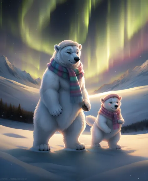 polar bears wearing pastel colored hats and scarves in a wintery scene norther lights