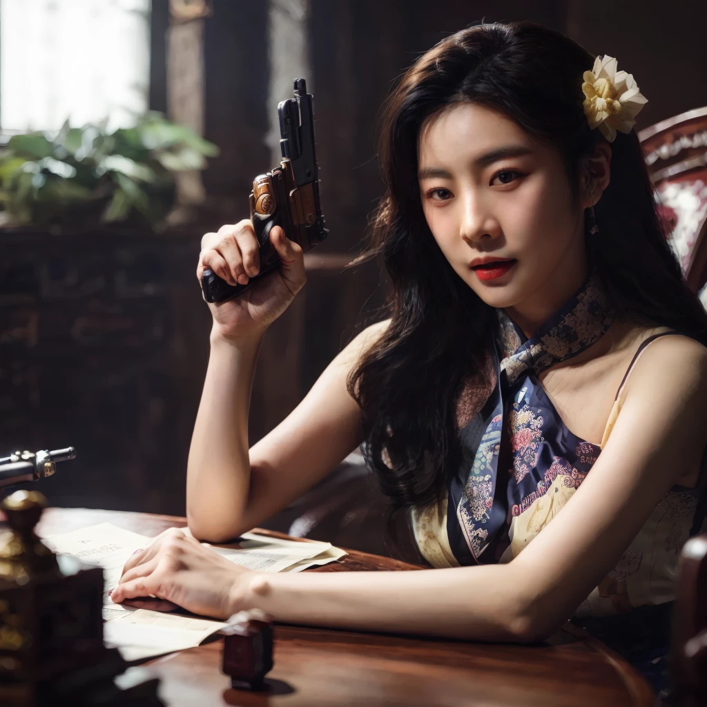 there is a goyoonjung holding a gun and a paper on a table, korean film noir, artwork in the style of guweiz, jaeyeon nam, iu lee ji-eun as a super villain, elegant cinematic pose, 1950s korean thriller film noir, korean girl, with pistol, 1950s korean film noir, korean artist