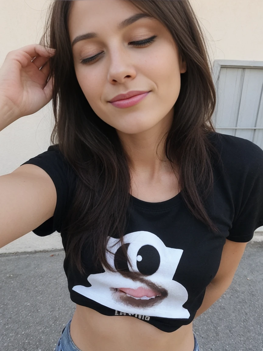 29 year old Brunette, small tits t-Shirt no bra outside selfie, one eye closed, tongue out