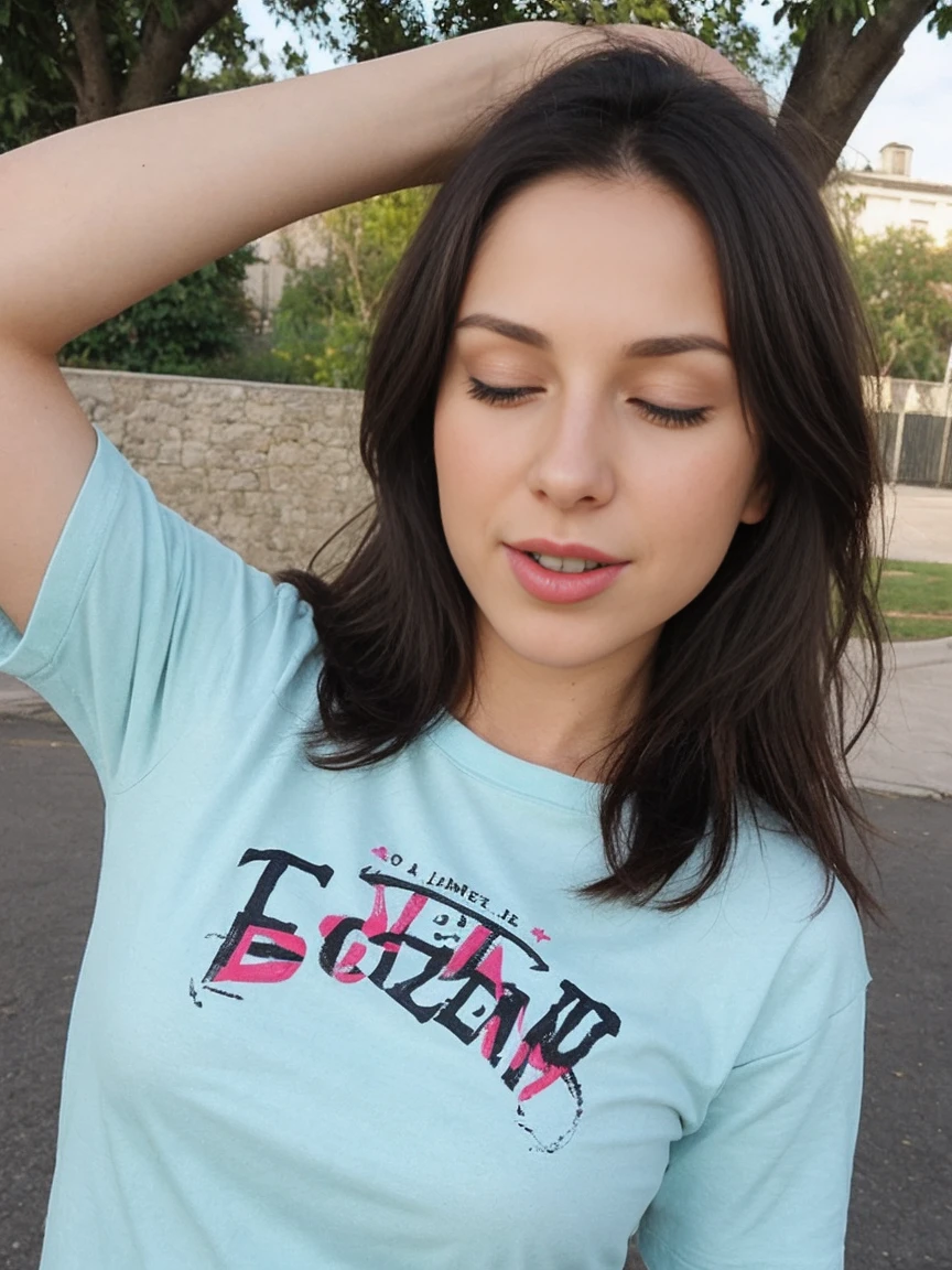 29 year old Brunette, t-Shirt no bra outside selfie, one eye closed -  SeaArt AI