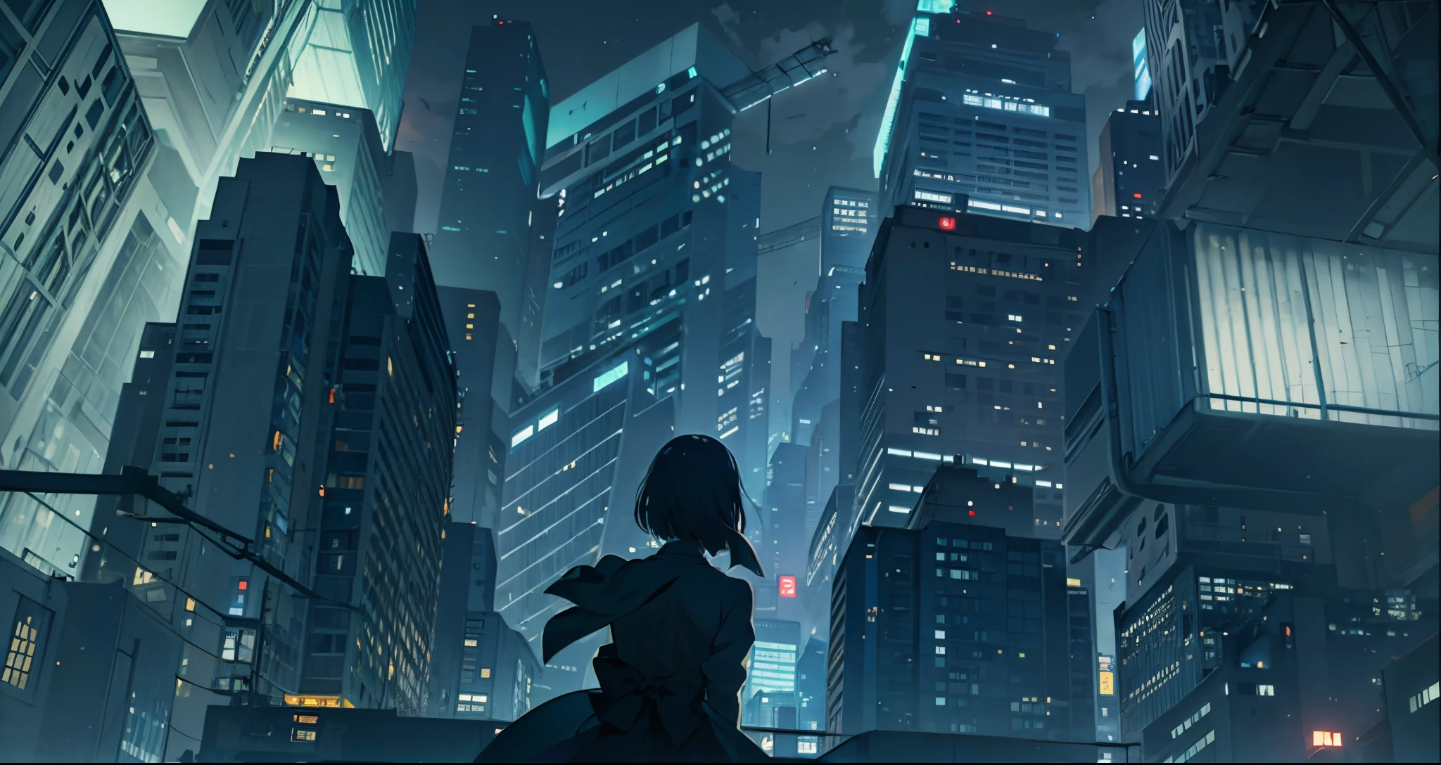 1 chica muñeca anime, solo, bob corto, tiro cenital, (vista trasera:1.5), vista nocturna de rascacielos, grano de la película, luz cinemática.
