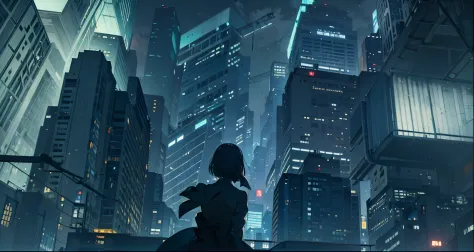 1 anime dollish girl, solo, short bob, overhead shot, (back view:1.5), night view of skyscrapers, film grain, cinematic light.