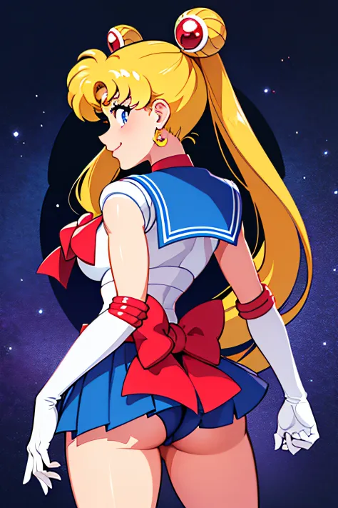 masterpiece, best quality, absurdres, perfect antomy, 1girl, solo, SMMoon, 1990s \(style\), blonde sailor moon, standing, smile, cowboy shot, sailor senshi uniform, sailor collar, blue skirt, elbow gloves, in back pose, show her booty, backwards, no thong ...