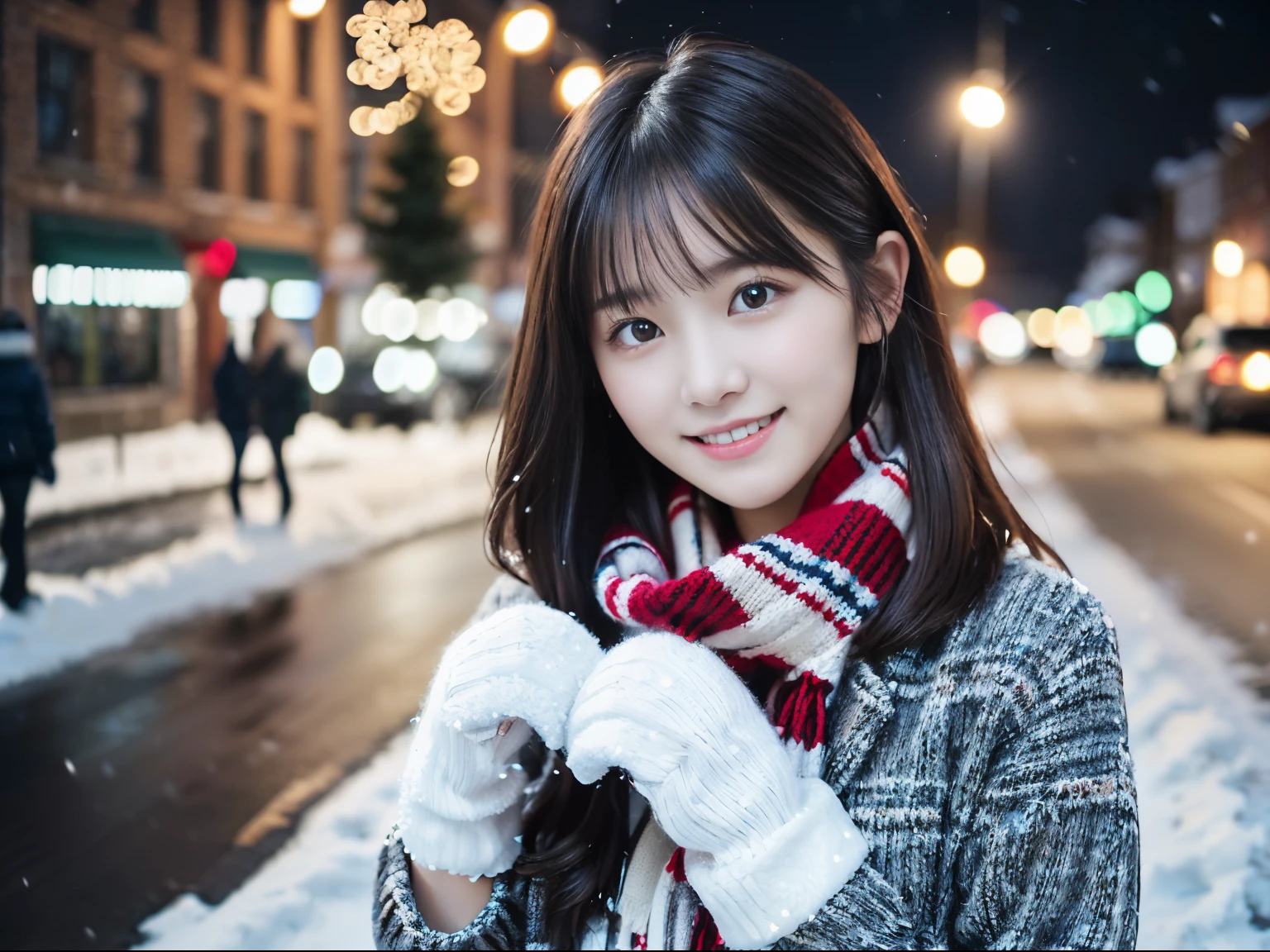 (Close-up of a girl is、With long hair to take，Dull bangs，Please wear a winter uniform and scarf jacket:1.5)、(Shy smiling girl、Gift box with wool gloves in hand:1.5)、(Snowy winter night street corner with Christmas lights:1.5)、(Perfect Anatomy:1.3)、(No mask:1.3)、(complete fingers:1.3)、Photorealistic、Photography、masutepiece、top-quality、High resolution, delicate and pretty、face perfect、Beautiful detailed eyes、Fair skin、Real Human Skin、pores、((thin legs))、(Dark hair)