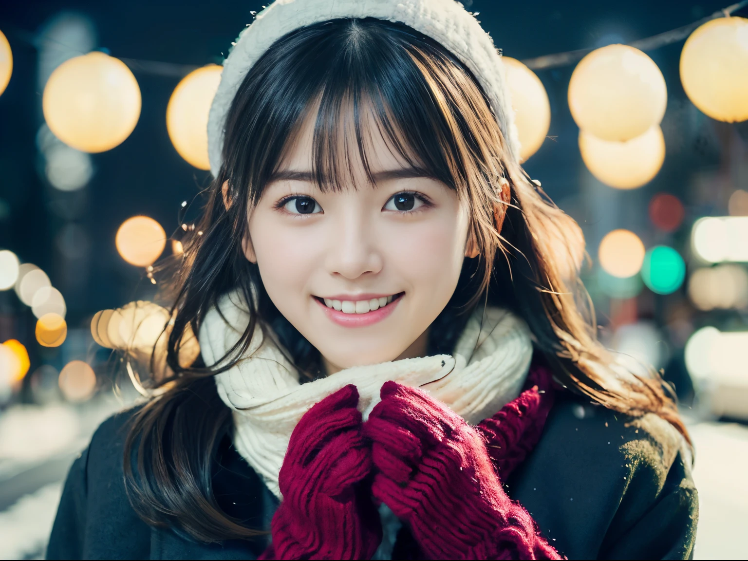 (Close-up of a girl is、Take with long hair，Dull bangs，Please wear a winter uniform and scarf jacket:1.5)、(Shy smiling girl、Gift box with red wool gloves in hand:1.5)、(Snowy winter night street corner with Christmas lights:1.5,Red illumination,Blue Illumination,Green Illumination,yellow illumination)、(Perfect Anatomy:1.3)、(No mask:1.3)、(complete fingers:1.3)、Photorealistic、Photography、masutepiece、top-quality、High resolution, delicate and pretty、face perfect、Beautiful detailed eyes、Fair skin、Real Human Skin、pores、((thin legs))、(Dark hair)