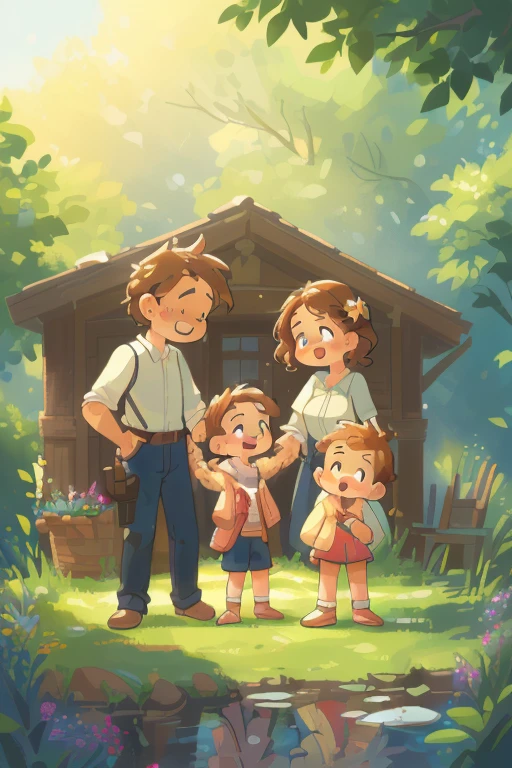 (best quality,4k,8k,highres,masterpiece:1.2),ultra-detailed,(realistic,photorealistic,photo-realistic:1.37),family with two parents,2 kids,a boy and a girl,grandparents,papa and mama,in a sketch,detailed illustration,loves sunny nature,view from behind