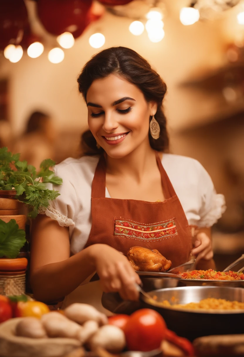 a girl preparing pollo a la cocacola con arroz blanco mexicano,beautiful detailed eyes,beautiful detailed lips,extremely detailed eyes and face,longeyelashes,detailed cooking utensils and ingredients,colourful kitchen,traditional Mexican decor,realistic food presentation,warm and vibrant colors,soft lighting,photorealistic,close-up shots of the dish,pixel-perfect details,artistic plating,masterpiece:1.2,homemade feel,culinary artistry,Native Mexican artwork and pottery,authentic ingredients,flavorful and aromatic spices,deliciously tender and juicy chicken,perfectly cooked white rice,traditional clay cooking pots and pans,rich and savory caramelized glaze,mouth-watering presentation,professional food photography,vivid colors,bokeh