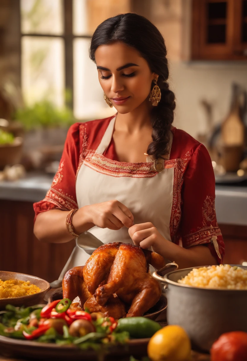 a girl preparing pollo a la cocacola con arroz blanco mexicano,beautiful detailed eyes,beautiful detailed lips,extremely detailed eyes and face,longeyelashes,detailed cooking utensils and ingredients,colourful kitchen,traditional Mexican decor,realistic food presentation,warm and vibrant colors,soft lighting,photorealistic,close-up shots of the dish,pixel-perfect details,artistic plating,masterpiece:1.2,homemade feel,culinary artistry,Native Mexican artwork and pottery,authentic ingredients,flavorful and aromatic spices,deliciously tender and juicy chicken,perfectly cooked white rice,traditional clay cooking pots and pans,rich and savory caramelized glaze,mouth-watering presentation,professional food photography,vivid colors,bokeh