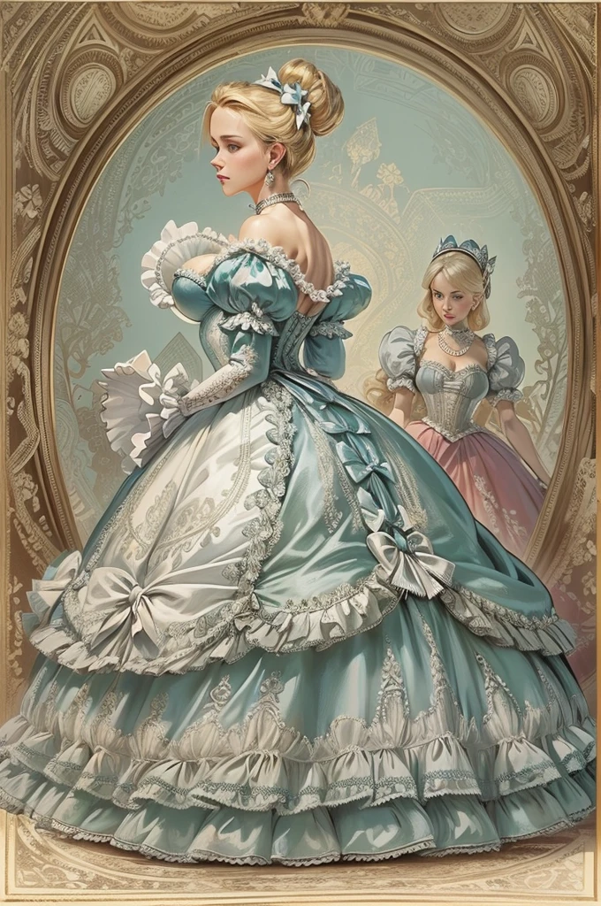 John Tenniel Art, a stunningly beautiful young blonde Reese Witherspoon reaches the Eighth Square and Becomes Queen of Looking-Glass Land, wearing A Stately and Elaborate Royal Victorian Ballgown of silver damask  adorned with (((bows))), poufs, ruffles, frills, lace, (((embroidery))), and jewels,, with (((enormous puffed sleeves))), an hourglass waist, and a (((huge crinoline hoopskirt))) long white gloves, pearl necklace and earrings