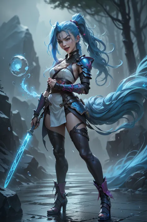 (long-range shooting: 1.5), jinx \(league of legends\), (1girl，league of legends jinx)，(scarlet eyes, crazy laughter, blue doubl...