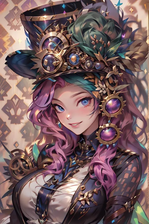 seraphine, steampunk outfit, seductive smile, (magical, magnificent, masterpiece:1.3)