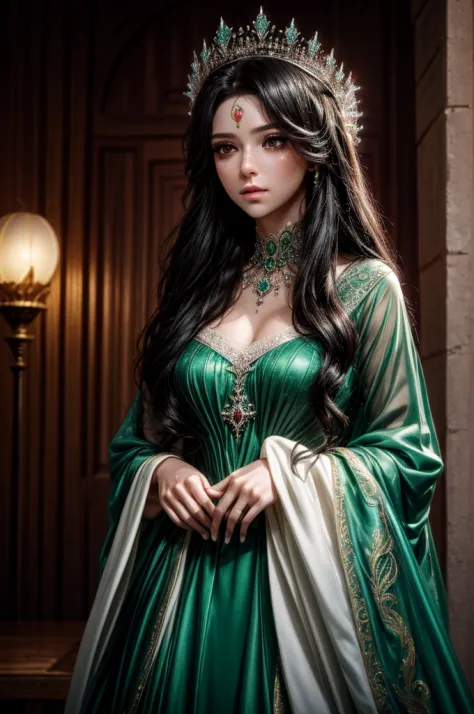 Elowen is a 25-year-old woman with long black hair that falls in waves over her shoulders.., standing out against her pale skin....