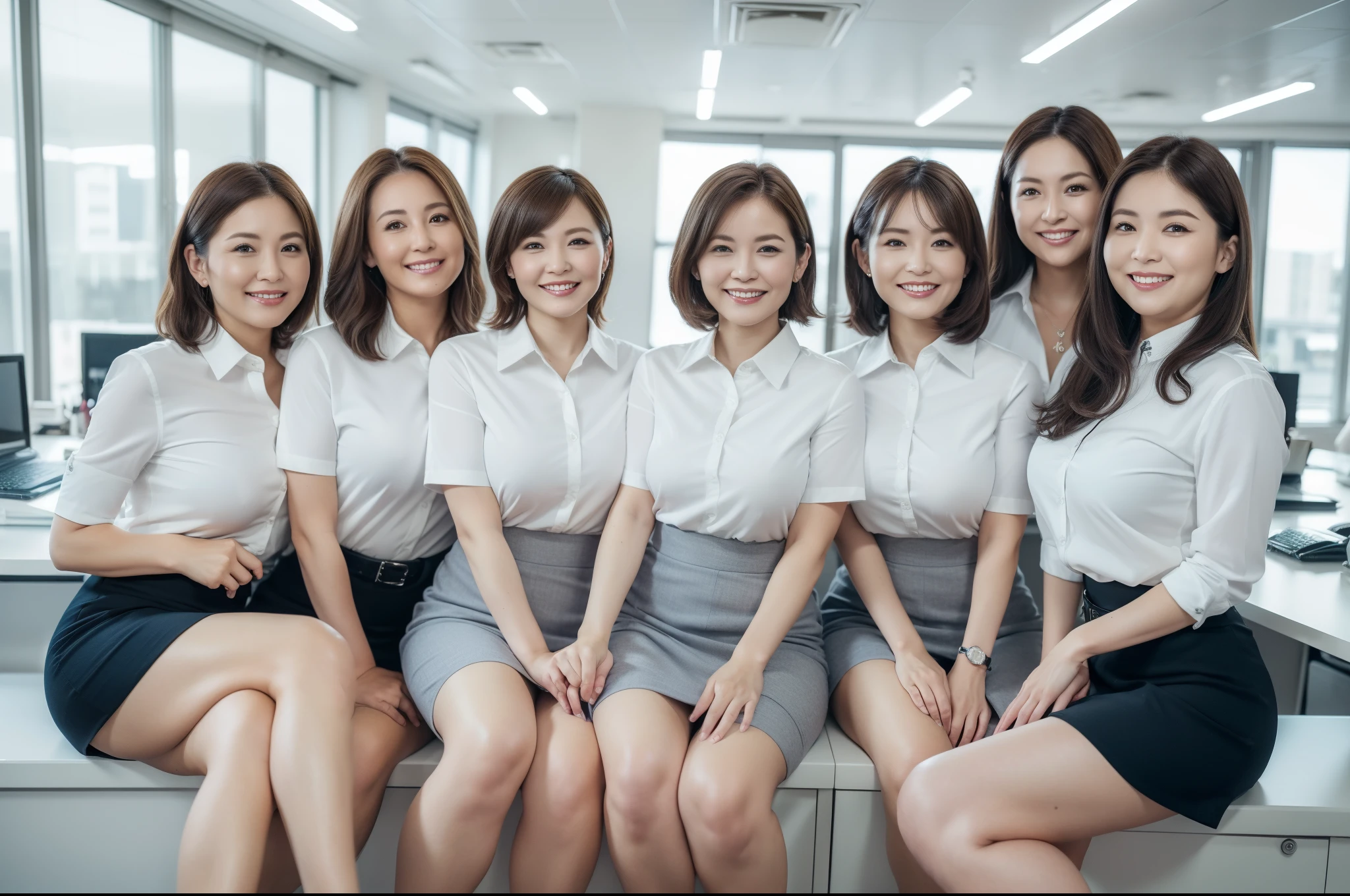 ((Best Quality, 8k, Masterpiecedetails, ultra-high resolution)), (group picture)(looking at the viewer), (full shot:), attractive business 5 milfs, 5 people, a bit chubby:0.25, white collared shirt, grey skirt, (sitting with cross legs on office desks)), smile, office of CEO,