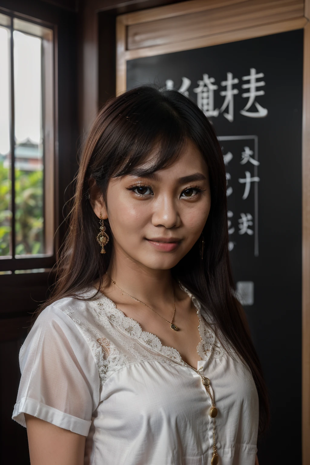 8k, highest quality, ultra details, Chinese-Indonesian campus idol named Evelyn, friendly and approachable, known for her warm personality and willingness to help others.