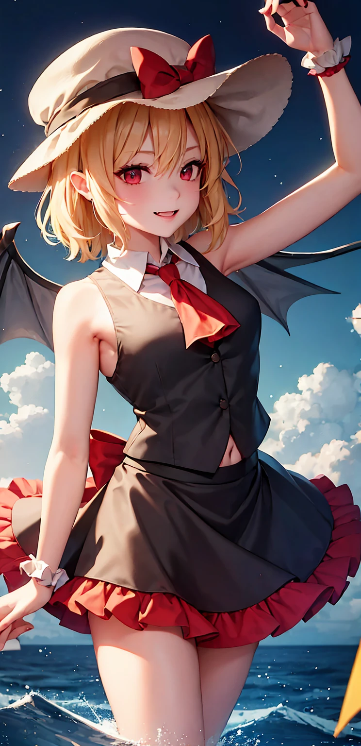 best quality, masterpiece, highres, solo, {night:1.10}, {starry sky:1.10}, beach, beautiful detailed sky, {extremely detailed background:1.20}, {flandre_scarlet_touhou:1.15}, {standing:1.10}, looking at viewer, {bikini:1.30}, blonde_hair, wings, red_eyes, crystal, bangs, hat, one_side_up, ribbon, mob_cap, bow, blush, smile, vest, white_headwear, red_vest, ascot, hair_between_eyes, red_bow, red_ribbon, upper_body, hat_ribbon, yellow_ascot, short_hair, light smile, huge breasts, cleavage, fishnet, goth, black lipstick, fishnet dress, fishnet pantyhose, evil, muscular arms, muscular midriff, abs, muscular thighs, sixpack