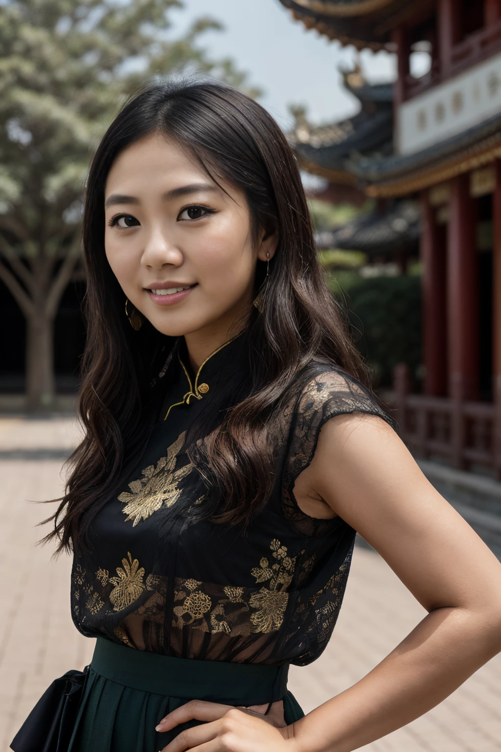 8k, highest quality, ultra details, Chinese-Indonesian campus idol named Evelyn, cultural ambassador, celebrating the diversity of her heritage and promoting cultural exchange on campus.