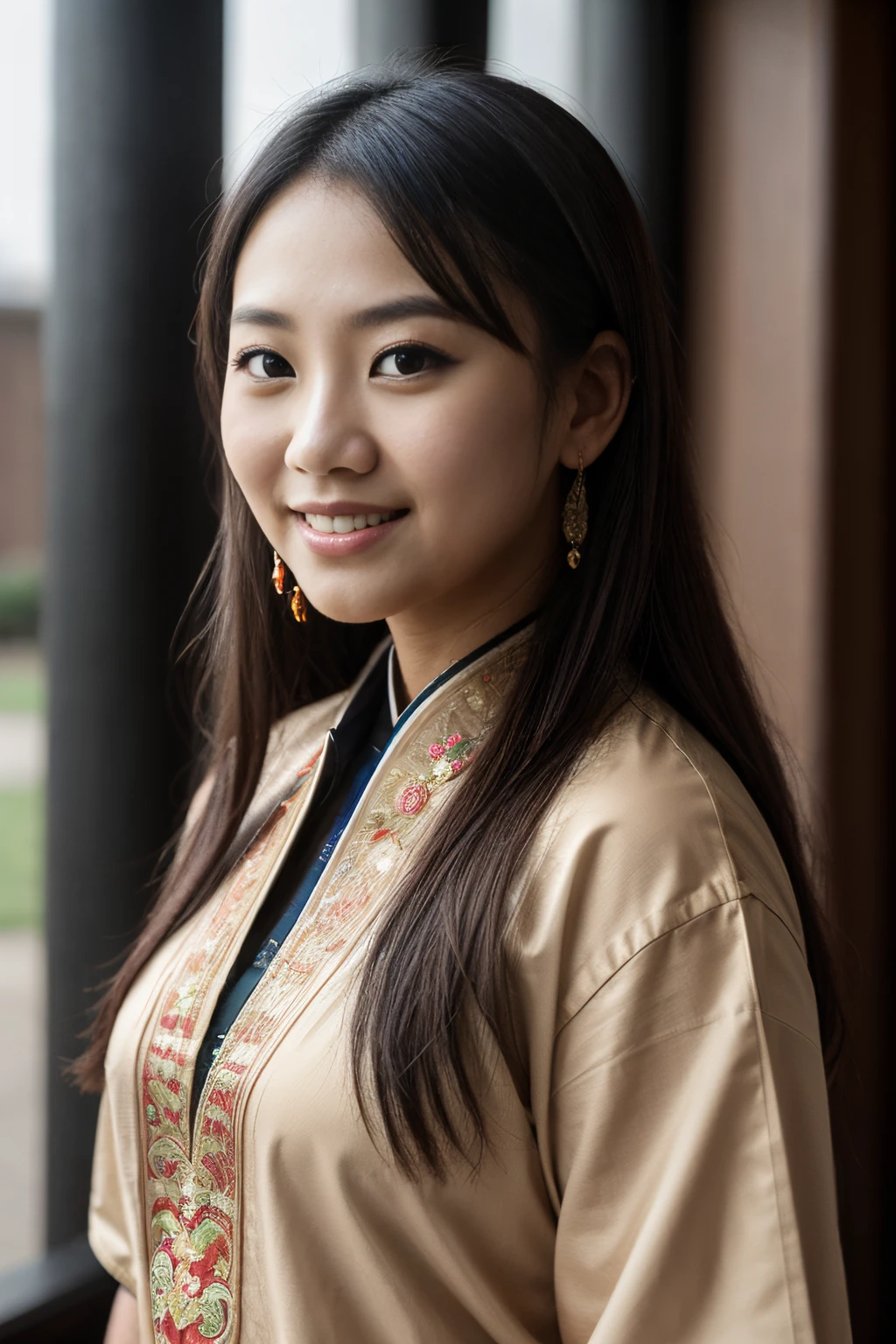 8k, highest quality, ultra details, Chinese-Indonesian campus idol named Evelyn, cultural ambassador, celebrating the diversity of her heritage and promoting cultural exchange on campus.