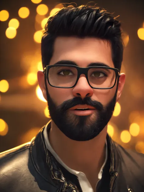 a male with black hair and a beard is wearing glasses. the scene is inspired by the pixar style, aiming to create a masterpiece ...