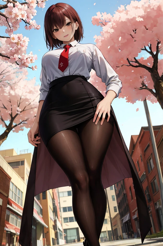 masterpiece, best quality,4girl,young girl, plum_pie eyes, brown, choppy bob,envious _face,shiny skin,medium breasts,nice leg line:1.3,thick thighs, thin waist,school uniform, thighhighs,necktie,((pencil skirt)),red color high heels, pantyhose, , Pathway_lined_with_blooming_cherry_blossom_trees,,looking at viewer,from below,full body, legsupsexms,