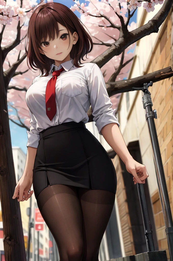 masterpiece, best quality,4girl,young girl, plum_pie eyes, brown, choppy bob,envious _face,shiny skin,medium breasts,nice leg line:1.3,thick thighs, thin waist,school uniform, thighhighs,necktie,((pencil skirt)),red color high heels, pantyhose, , Pathway_lined_with_blooming_cherry_blossom_trees,,looking at viewer,from below,full body, legsupsexms,