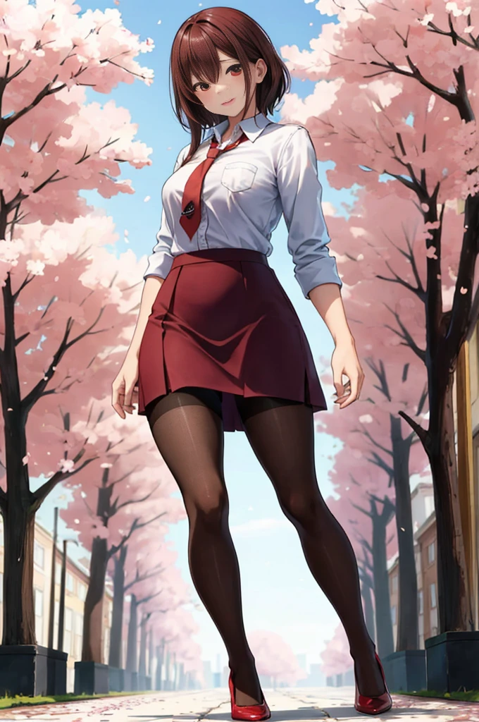 masterpiece, best quality,4girl,young girl, plum_pie eyes, brown, choppy bob,envious _face,shiny skin,medium breasts,nice leg line:1.3,thick thighs, thin waist,school uniform, thighhighs,necktie,((pencil skirt)),red color high heels, pantyhose, , Pathway_lined_with_blooming_cherry_blossom_trees,,looking at viewer,from below,full body, legsupsexms,