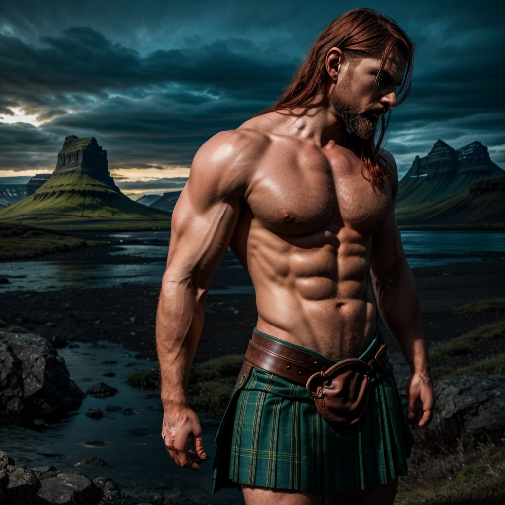 photo of a muscular Viking in blue kilt, topless, shirtless, naked, hot summer night, Iceland mountains background, dramatic light, very cute, long red hair, clean shaved, full body, very beautiful, arrogant, arrogant, dark night, UHD image, rent, 8k, photo-realistic, epic lighting, sharp, realistic, 32k Ultra, Ultra HD