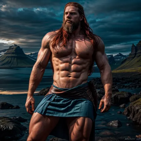 photo of a muscular Viking in blue kilt, topless, shirtless, naked, hot summer night, Iceland mountains background, dramatic lig...