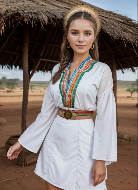 8k, highest quality, ultra details, Afrikaner girl, village idol, traditional attire, showcasing the rich cultural heritage and traditions of her community.