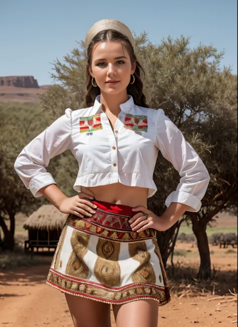 8k, highest quality, ultra details, Afrikaner girl, village idol, traditional attire, showcasing the rich cultural heritage and traditions of her community.