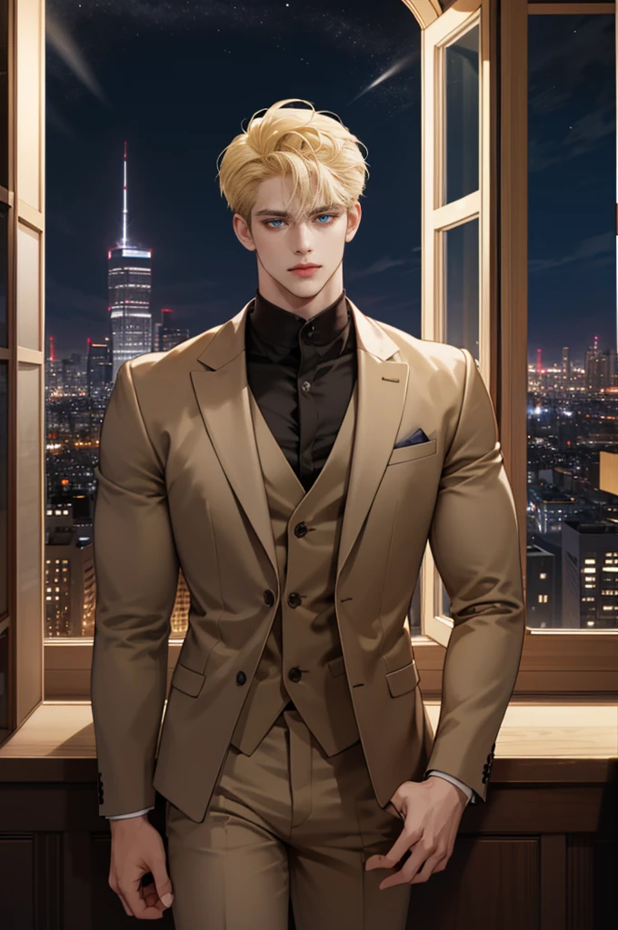 (modern day, k hd, ultra - detailed), (1male people, solo person, AS-Adult,   mature:1.4, Idade:1.4, 年轻, Tall muscular man, Handsome), Very short hair, blond color hair, Hair oil, with blue eye,(Pointed chin:1.4,Thick neck:1.4,),the night,Dark,Look at the night view of the city through the large window,brown suit,tiese,full bodyesbian,luxury goods，luxury goods，